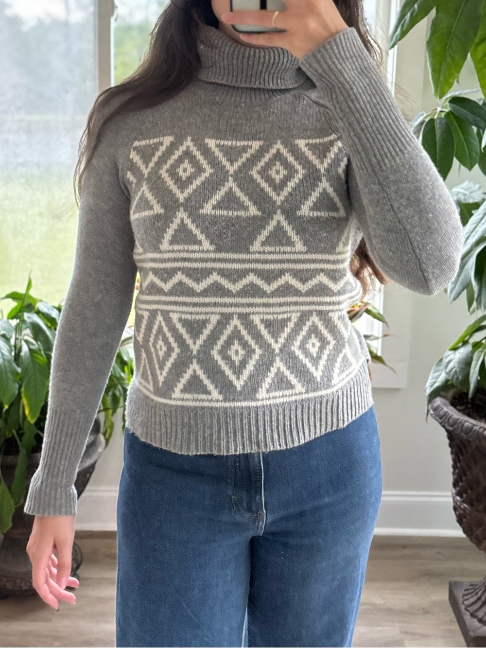 J. Crew Gray and White Geometric Turtleneck Sweater